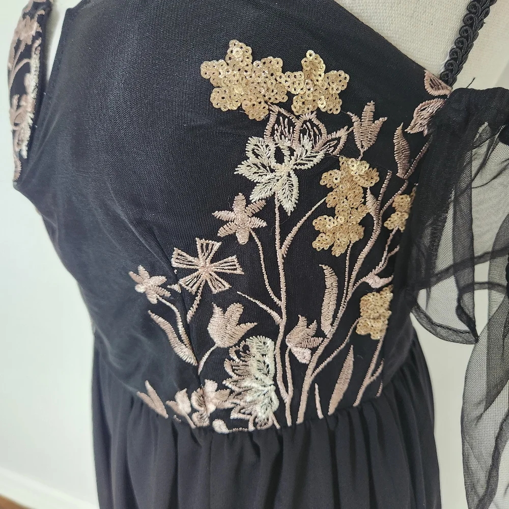 Soieblu Black Gown Dress Gold Floral Sequins Embroidery Whimsigoth Fairy Witchy - Picture 5 of 14